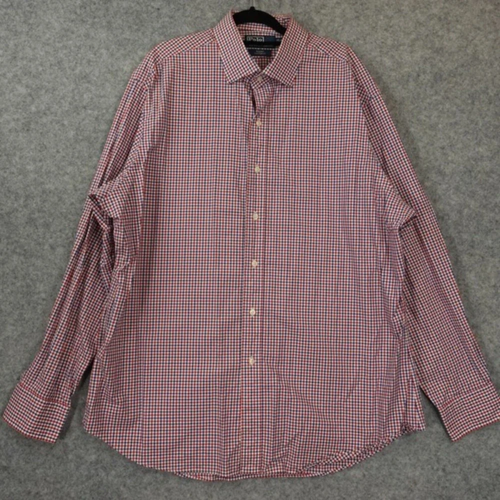 POLO RALPH LAUREN Gingham Shirt Mens 17.5 XL Blue Red Regent Custom Vintage